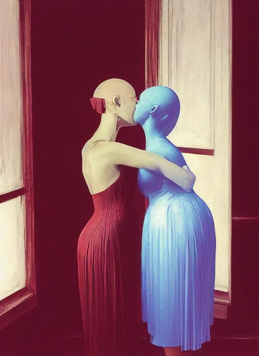 Image similar to two women spherical heads kissing wearing translucent dress made of plastic bags Edward Hopper and James Gilleard, Zdzislaw Beksinski, highly detailed