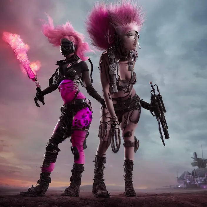 Prompt: beautiful apocalyptic woman with pink Mohawk, standing on mad max panzer tank, 4k ultra hd, fantasy dark art, sharp, tank girl, artstation, octane render