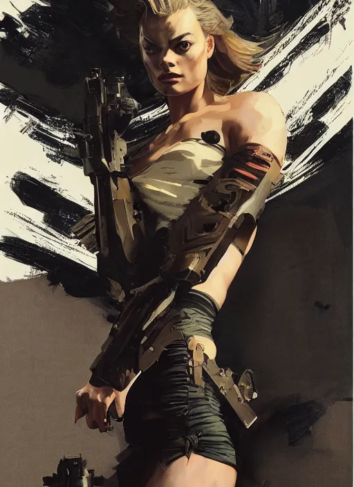 Prompt: Margot Robbie wearing metal gear armor holding gun dramatic lighting art by Richard Schmid by Hokusai by Yoji Shinkawa by greg rutkowski by Sandra Chevrier by Jeremy Lipking cinematic dramatic