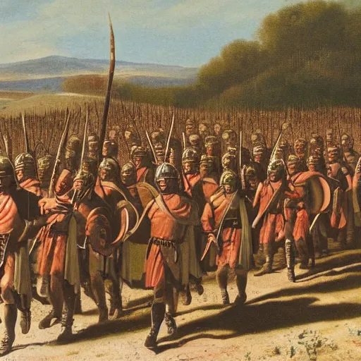Prompt: a schoolbook image of the roman army marching through a desert.