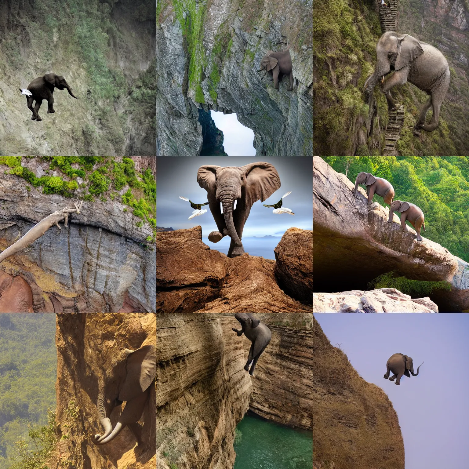Prompt: jumping elephant falling jumping off of cliff, award winning nature photography