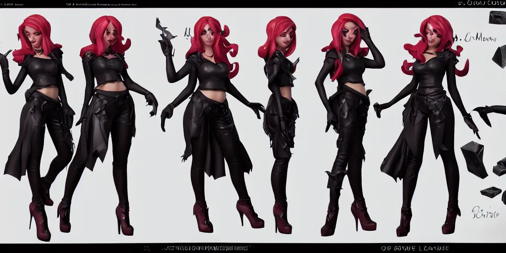 Image similar to Character sheet of coven miss fortune (League of Legends). 3d render, octane render, game art, realistic, highly detailed, trending on artstation, 4k, trending on artstation, pixar, cgsociety, unreal engine 5, redshift render, trending on artstation, blender, behance, cg