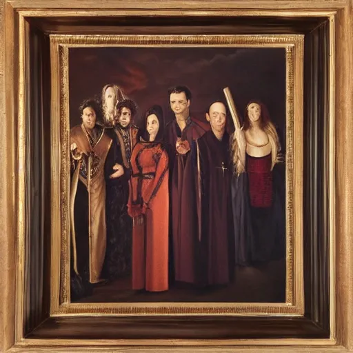 Image similar to the vampires from the show What we do in the shadows oil painting by Leonard Da Vinci ,, ultrarealistic