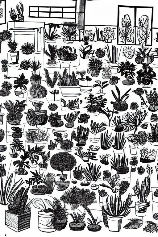 Prompt: a black and white illustration of a classroom full of plants by wanda gag