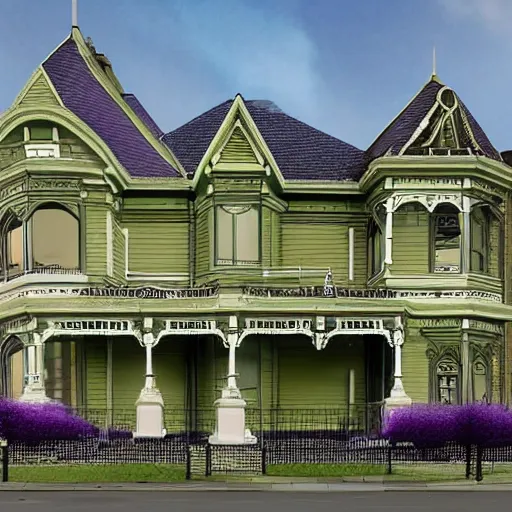 Image similar to a four story Victorian style home, painted purple and green, 4k