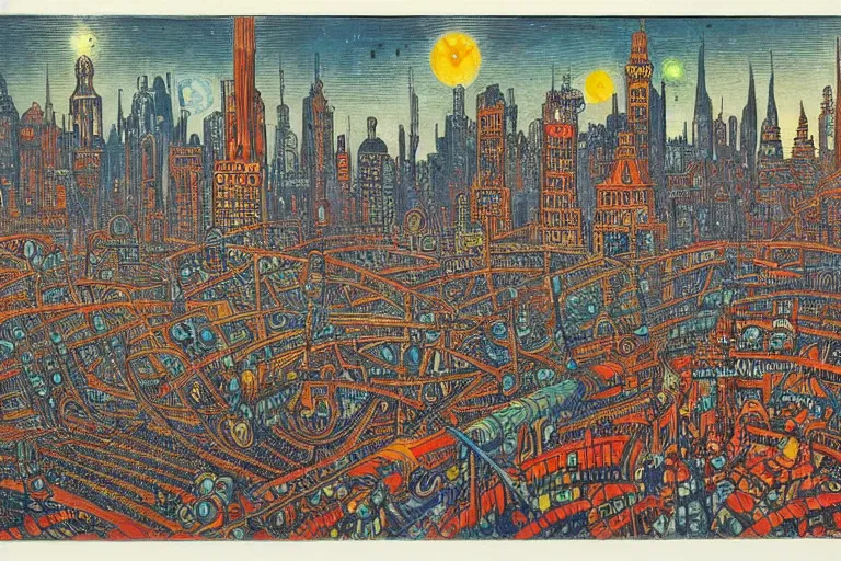 Image similar to victorian scifi cityscape by Louis Wain (1920)