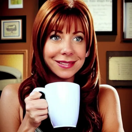 Prompt: lily aldrin ( himym ) drinking coffee in a cup, very detailed face