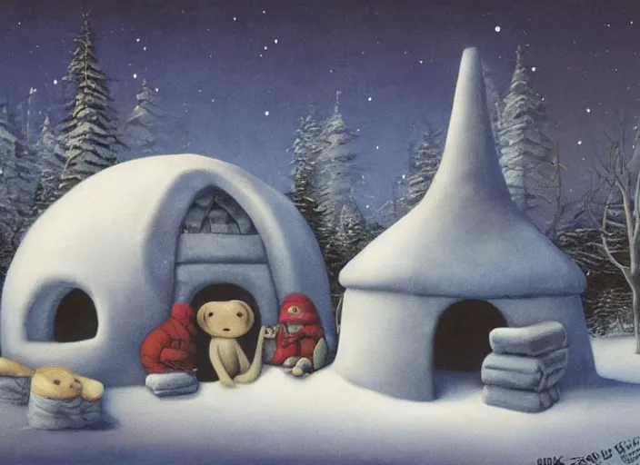 Image similar to an igloo with a chimney, walrus, polar bear, sleigh dogs, fish, giraffe, lowbrow in the style of mark ryden and john bauer,