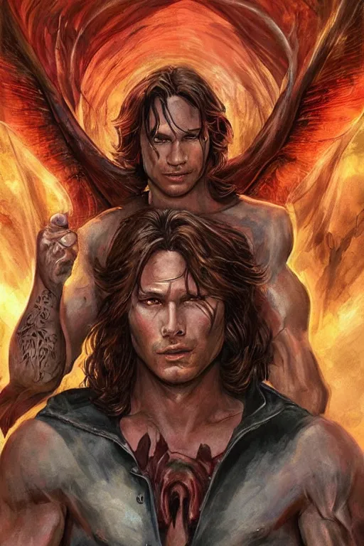 Image similar to front portrait of attractive sam winchester as a belcebu with demon wings wide open, clothes torn apart, muscular chest tattooed with runes and symbols, d & d!, fantasy style, sharp focus!, ultra detailed, art by artgerm and peter andrew jones, wlop