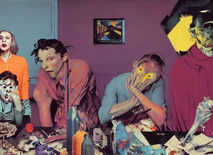 Prompt: a still from the tv series freaks and geeks by francis bacon, surreal, norman rockwell and james jean, greg hildebrandt, and mark brooks, triadic color scheme, by greg rutkowski, syd mead and edward hopper and norman rockwell and beksinski, dark surrealism, orange and turquoise and purple and yellow and pink