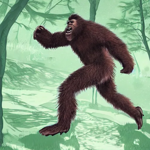 Prompt: an ultra realistic digital illustration of Sasquatch running through the woods, smooth and clean digital art, comic book style and colors