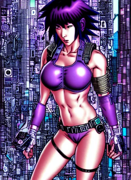 Image similar to motoko kusanagi in grungy cyberpunk megacity, intricate and finely detailed, cyberpunk vaporwave, portrait by j scott campbell