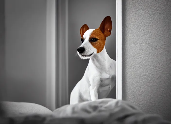 Prompt: photography of a Jack Russel . watching outside the window. on a bed. in a white room.,volumetric light, photorealistic,, award winning photo, 100mm, sharp, cloth, high res