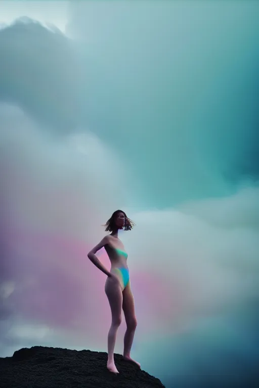 Image similar to high quality pastel coloured film close up wide angle photograph of a model wearing clothing swimming on cloud furniture in a icelandic black rock!! environment in a partially haze filled dreamstate world. three point light, rainbow. photographic production. art directed. pastel colours. volumetric clouds. pastel gradient overlay. waves glitch artefacts. extreme facial clarity. 8 k. filmic.