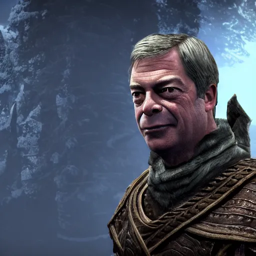 Prompt: nigel farage as a warrior in skyrim splash art, movie still, cinematic lighting, dramatic, octane render, long lens, shallow depth of field, bokeh, anamorphic lens flare, 8 k, hyper detailed, 3 5 mm film grain