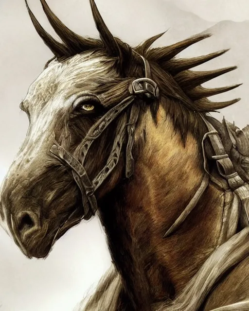 Prompt: ''face portrait of a rugged horse, fantasy, mountain landscape, d & d, digital painting, artstation, deviantart, concept art, illustration, art by dragolisco and anne stokes and nico niemi''