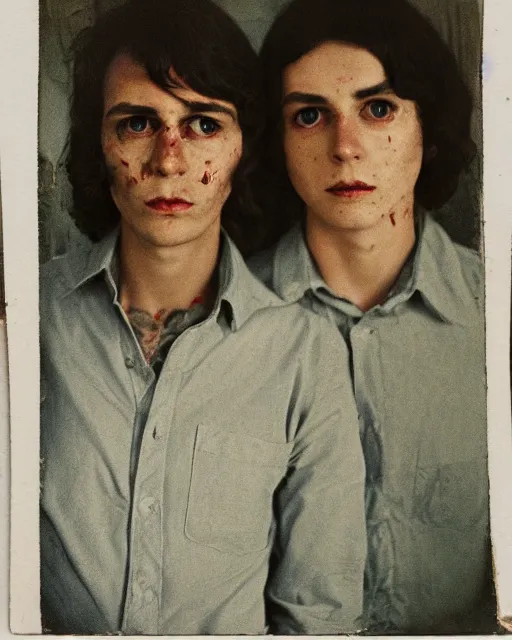 Image similar to an instant photo of two beautiful but sinister young men wearing oxford shirts in layers of fear, with haunted eyes and dark hair, 1 9 7 0 s, seventies, wallpaper, a little blood, moonlight showing injuries, delicate embellishments, painterly, offset printing technique, by brom, robert henri, walter popp