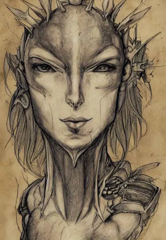 Image similar to fantasy, symmetrical beautiful human face, female humanoid creature, vascularity, plant armour, shell head piece, muscular, large cute anime eyes, stylised, torso and head, bust, diagram, sketchbook, greys anatomy book, sketches, on old distressed parchment paper, watercolour, by brian froud