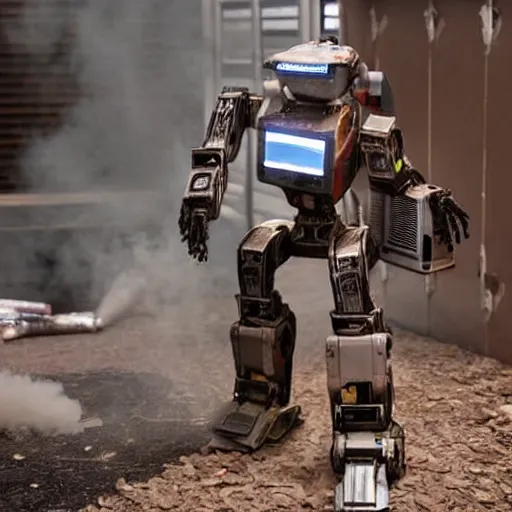 Prompt: chappie the robot, smoking a marijuana - blunt - joint, tons of smoke, coughing