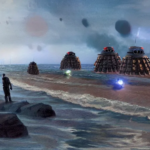 Image similar to Daleks storming Normandy beach, concept art, cinematic