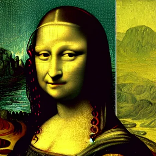 Prompt: collage of mona lisa paintings, van gogh, picasso, monet