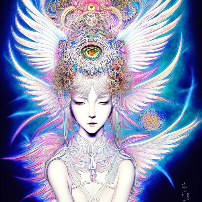 Image similar to stylized art of an psychedelic angelic celestial being by jung gi kim, trending on pixiv, anime style, winged head, white gold skin, ayahuasca, sacred geometry, esoteric art, watercolor