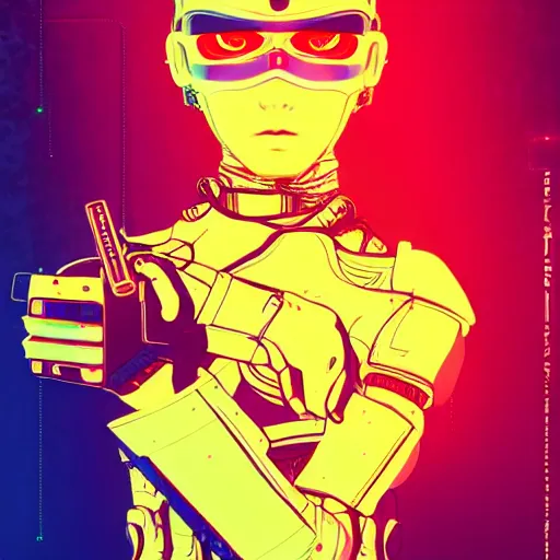 Image similar to a highly detailed full body portrait of a cyborg ninja by ilya kuvshinov in synthwave style with a cyberpunk colorful background with brokeh effect