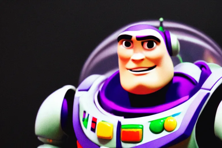 Prompt: A medium close up photo of Buzz Lightyear as a tourist in Japan, cinematic, shallow depth of field, by Christopher Nolan