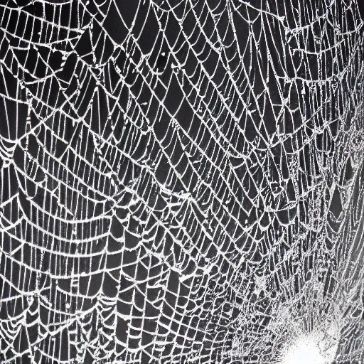 Image similar to a spider web woven between asteroids in outer space, orbiting a planet.