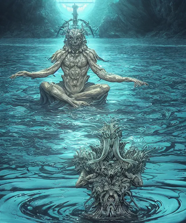 Prompt: a water demon meditating and floating, centered composition, crisp 8 k line art, digital painting, artstation, unreal engine, octane render, emissive lighting, concept art, matte, sharp focus, hyper realistic lighting, illustration, art by junto ito and takato yamamoto and philippe druillet