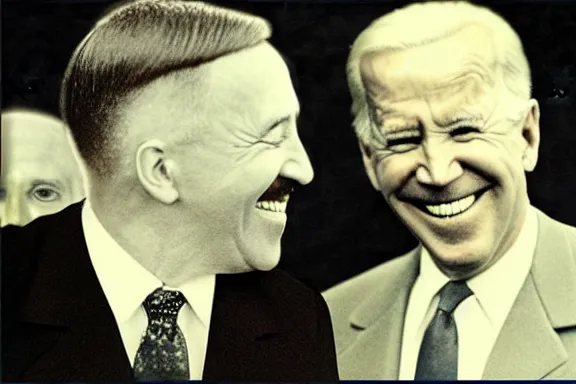 Image similar to “ very very intricate photorealistic photo of hitler and joe biden laughing together, detailed natural lighting, award - winning crisp details ”