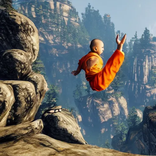 Prompt: Baby shaolin monk practicing kung fu on a mountain top, RDR 2 mod