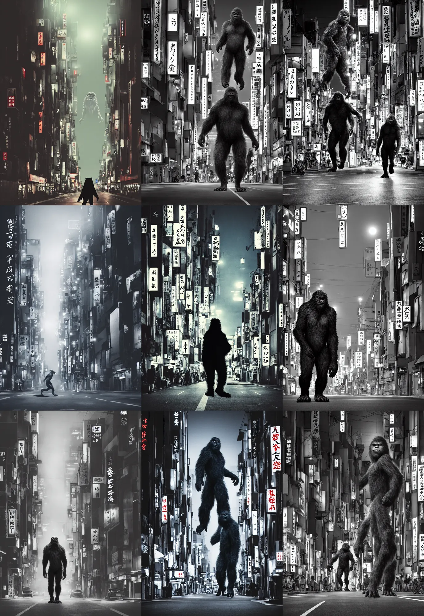 Prompt: sasquatch walking across a busy street in japan at night. low angle camera. matte painting. hard edges, street art, artstation, by huang guangjian.