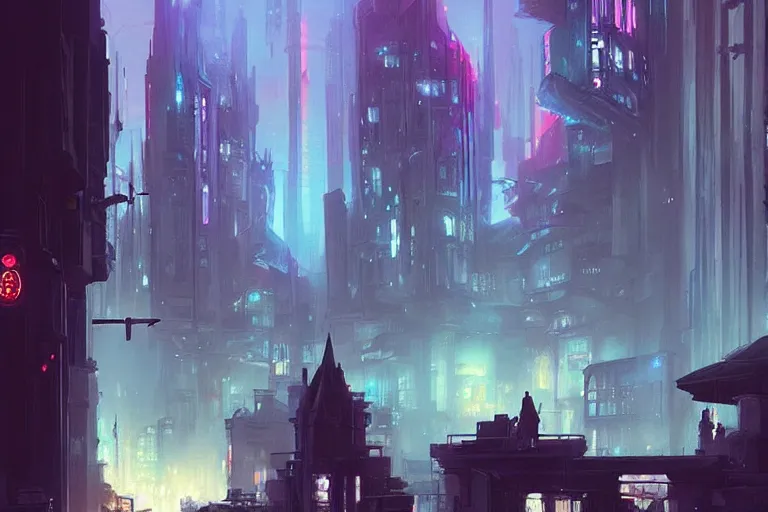 Image similar to Hogwarts cyberpunk city, neon lighting, night city, digital art from artstation by Ruan Jia and Mandy Jurgens and Artgerm and william-adolphe bouguereau and Greg Rutkowski and Wayne Barlowe