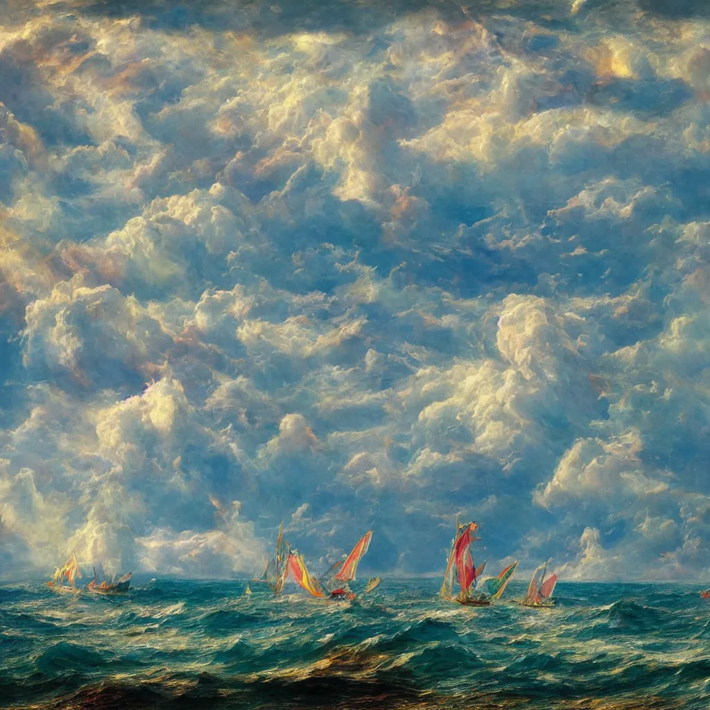 Prompt: 3d high relief painting of sea like jelly,Rainbow clouds like sheeps floating lightly in the air, Sailing ship,dreamy, soft , highly detailed, expressive impressionist style, in the style of Frederic Edwin Church