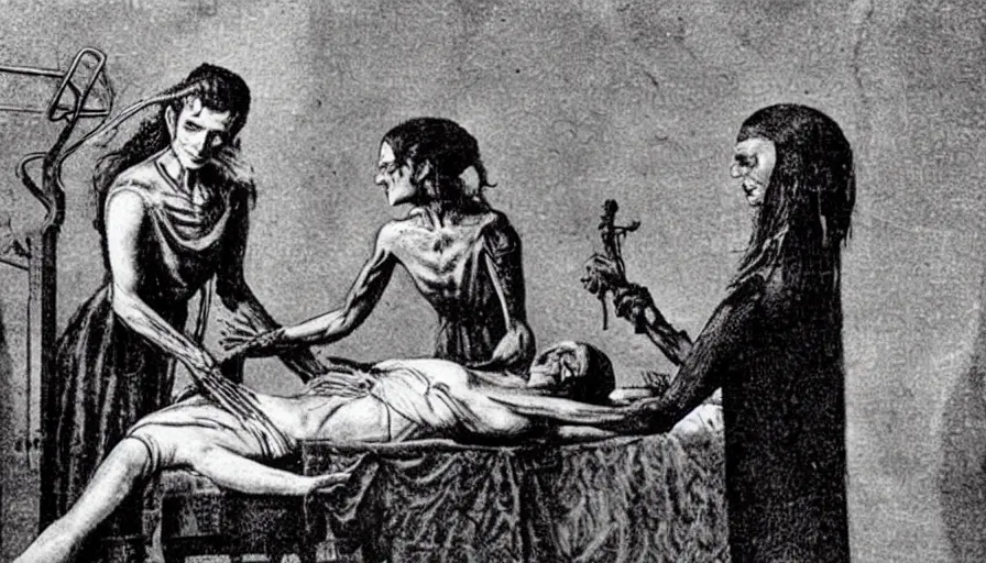 Image similar to a mad doctor does a blood transfusion on a female frankenstein.