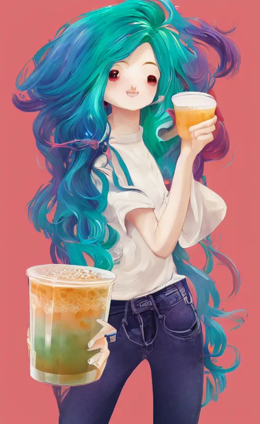 Image similar to a kawaii woman with rainbow hair, happy, summer time, holding boba tea drink, soft eyes and narrow chin, dainty figure, long hair straight down, kawaii shirt and jeans, basic white background, In style of by Jordan Grimmer and greg rutkowski, crisp lines and color