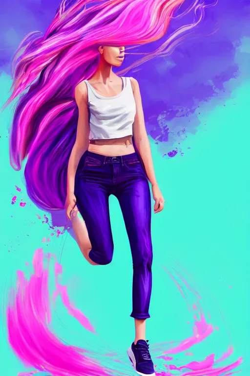 Image similar to a award winning half body porttrait of a beautiful woman in a croptop and cargo pants with ombre purple pink teal hairstyle with head in motion and hair flying, paint splashes, outrun, vaporware, shaded flat illustration, digital art, trending on artstation, highly detailed, fine detail, intricate