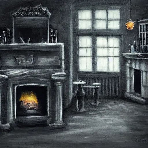 Prompt: interior of a dark butcher shop lit by an eerie fireplace, dark fantasy, night, by anne stoke, digital art