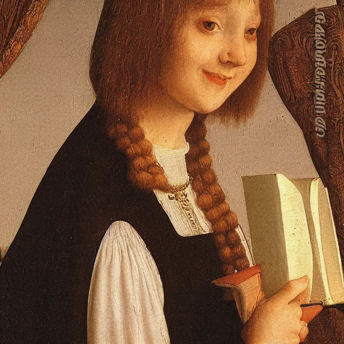 Image similar to close up portrait of a joyful young woman with her head resting on a book. with moth. sunset. jan van eyck