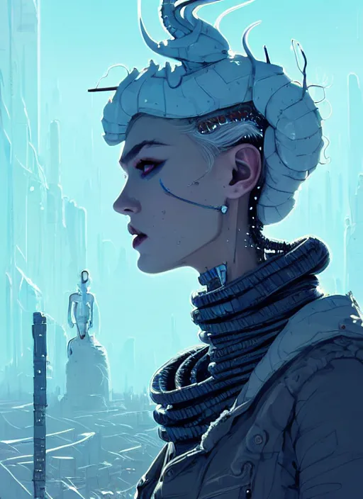 Image similar to highly detailed portrait of wasteland punk long curly white icey shard hair tribal lady, stray wiring by atey ghailan, james gilleard, by joe fenton, by greg rutkowski, by greg tocchini, by kaethe butcher, 4 k resolution, gradient blue, cyan, black and white color scheme!!! ( ( snowy glaciated robotic dystopian city background ) )