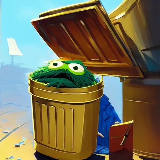 Prompt: oscar the grouch reading a book in a clean, gold plated garbage can, behance hd by jesper ejsing, by rhads, makoto shinkai and lois van baarle, ilya kuvshinov, rossdraws global illumination