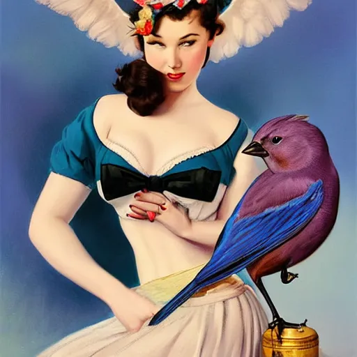 Image similar to pinup girl holding an indigo bunting, bird, the bird is wearing a crown and bowtie by greg rutkowski, rossdraws, gil elvgren, enoch bolles, anime, very coherent