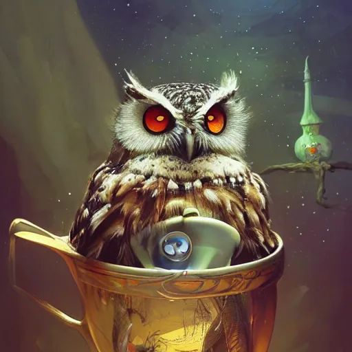 Image similar to long shot of a very cute owl chick nesting in a very futuristic cup, esao andrews, m. w. kaluta, john berkey, humorous illustration, hyperrealistic, big depth of field, warm colors, night scenery, low light, 3 d octane render, 4 k, conceptart, hyperdetailed, hyperrealistic, trending on artstation