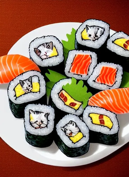 Image similar to clear photorealistic picture of adorable cats made out of sushi