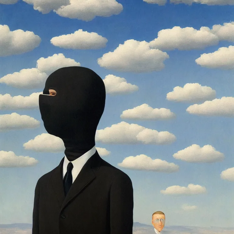 Image similar to portrait of a faceless masked - head man in a suit and black gloves, clouds and nature landscape in the background, by rene magritte, detailed painting, distance, centered, hd, hq, high resolution, high detail, 4 k, 8 k