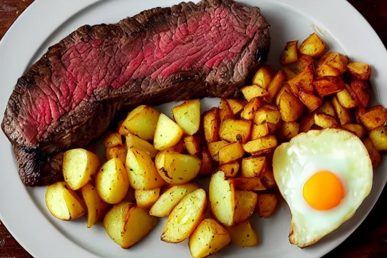 Prompt: a delicious looking plate of steak and eggs, with perfectly seasoned potatoes and breakfast hash browns