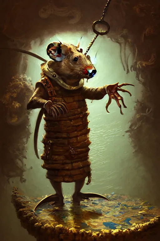 Prompt: classic oil painting, an anthropomorphic bipedal rat that is dressed as a medieval librarian, as a dnd character, standing under the sea, cottagecore, highly detailed, digital illustration, concept art, smooth, sharp focus, art by craig mullins