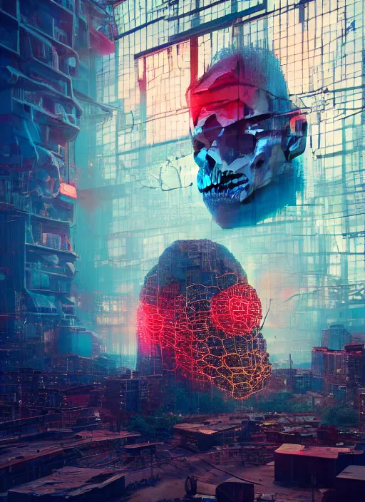 Image similar to giant destroyed head of cyberpunk mickey mouse surrounded by engineers, inside of abandoned netflix office, by beeple, dystopia, golden ratio, octane render, redshift, trending on artstation, 8 k