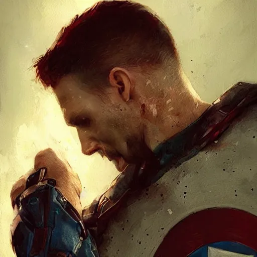 Image similar to captain america crying art, by greg rutkowski